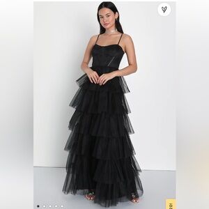 Lulus Rule the Runway Black tulle bustier tiered maxi dress